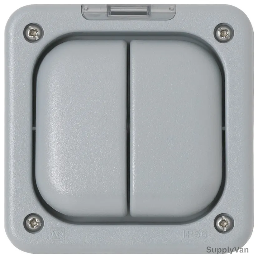Mk Single Pole Waterproof Rocker Light Switch, K56402GRY, Masterseal Plus, Polycarbonate, IP66, 2 Gang, 10A, Grey