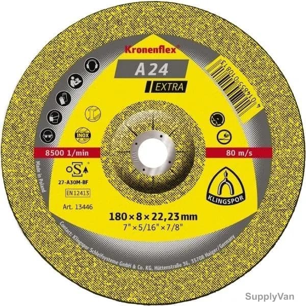 Klingspor Grinding Disc, A24EX, Kronenflex, Extra, MBK, 6MM Thk, 22.23MM Bore Dia x 115MM Disc Dia