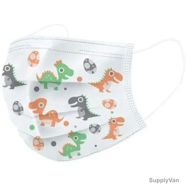 Dinosaur Printed Kids Disposable Face Mask, Non-Woven, 3 Layer, White, 50 Pcs/Pack
