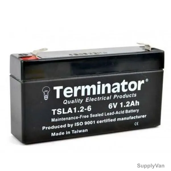 Terminator Rechargeable Sealed Lead Acid Battery, TSLA-1-2-6, 6V, 1.2Ah