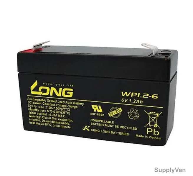 Long Rechargeable Sealed Lead Acid Battery, WP1-2-6, 6V, 1.2Ah