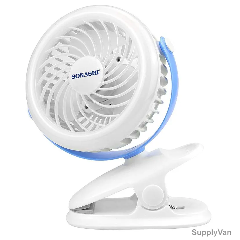 Sonashi 2 In 1 Clip and Desk Fan, SRF-104, 4 Inch, 1.2Ah, Blue/White