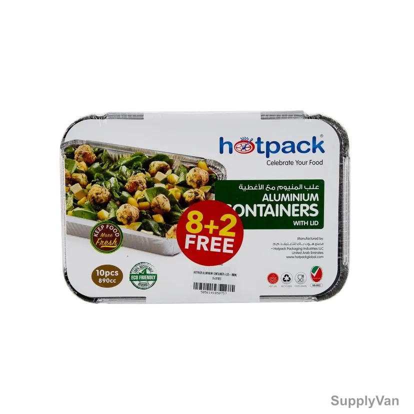Hotpack Disposable Aluminium Food Container With Lid, PP8389TP10, 890CC, Silver, 8+2 Free
