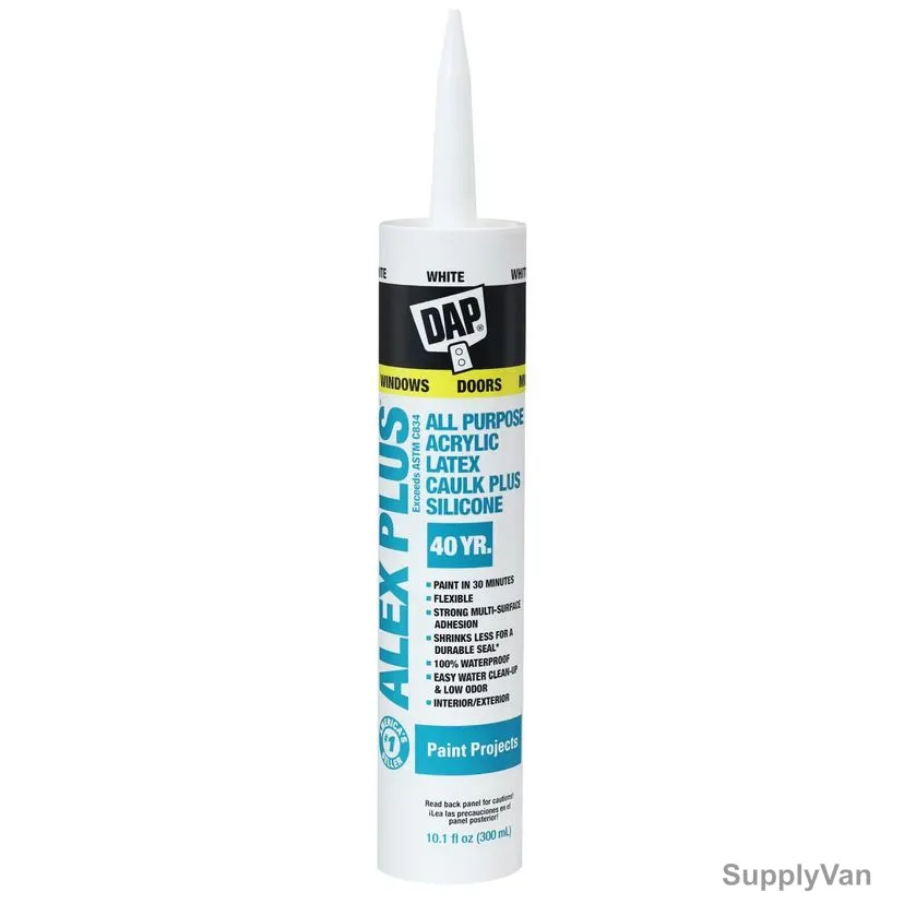 Dap Alex Plus All Purpose Acrylic Latex Caulk Plus Silicone, 18656, White, 10.1 Oz, 12 Pcs/Pack